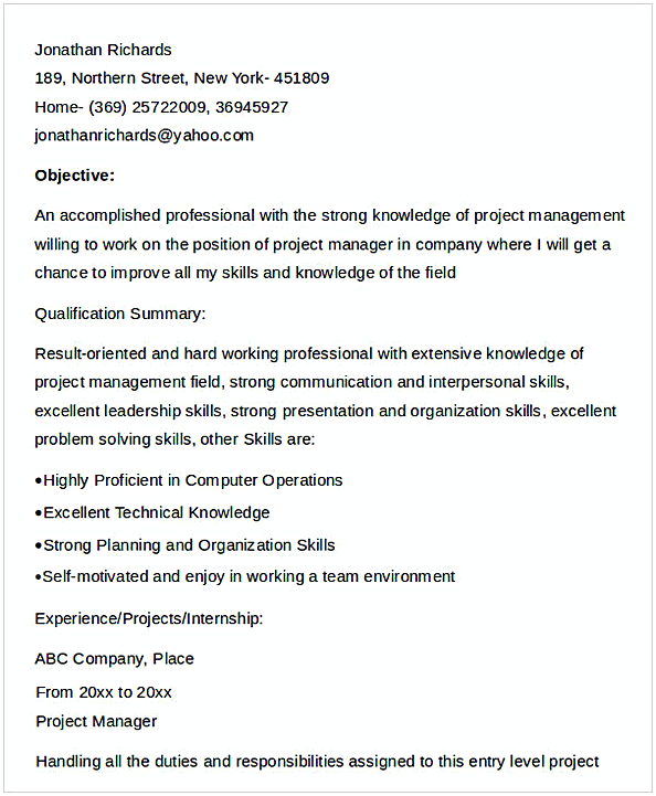 Entry Level Project Manager Resume