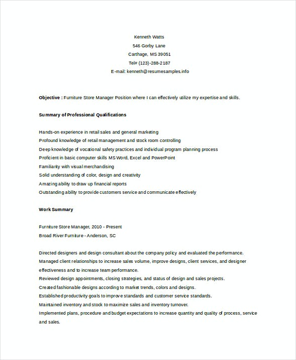 Furniture Store Manager Resume 1