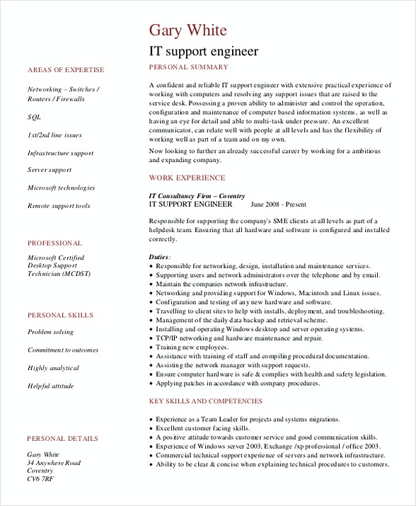 IT Support Engineering Resume