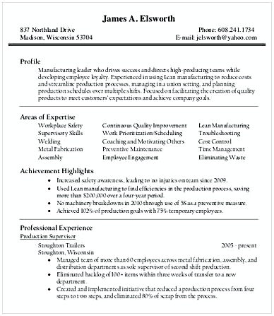 Production Manager Resume Format