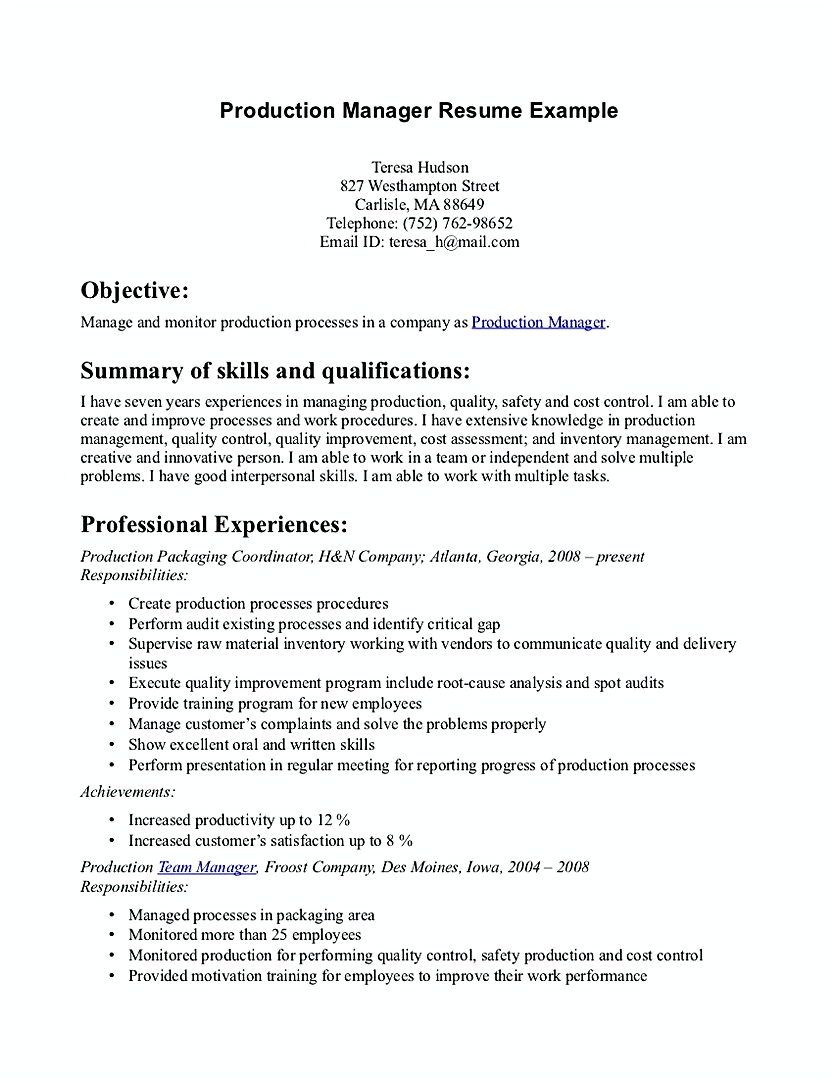 Production Manager Resume cover letter