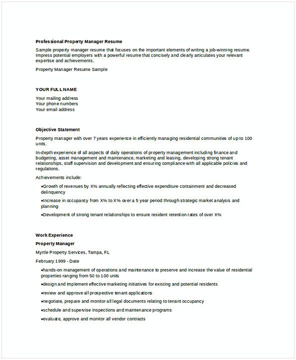 Professional Property Manager Resume