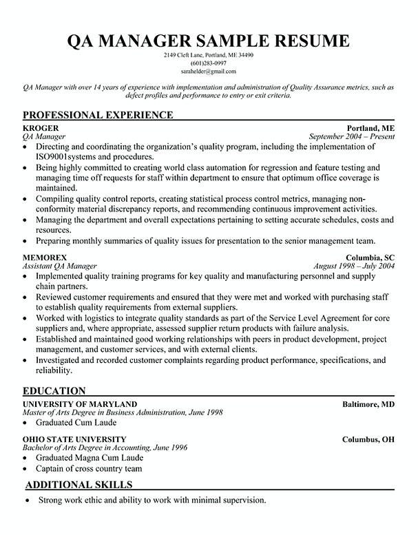 Quality Assurance Manager Resume Sample