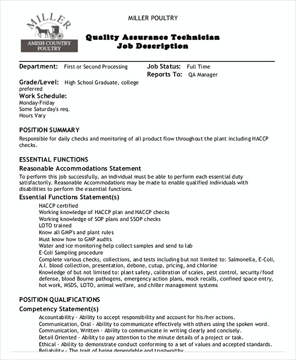 Quality Assurance Technician Job Description