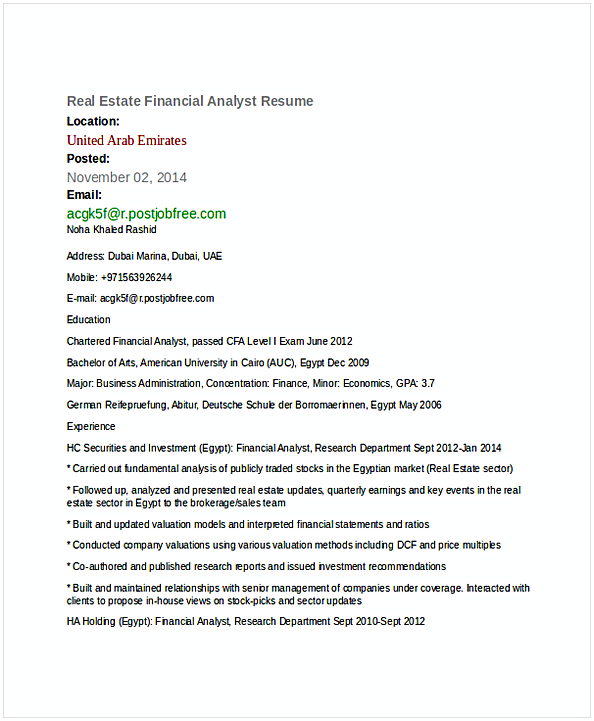 Real Estate Financial Analyst Resume 1