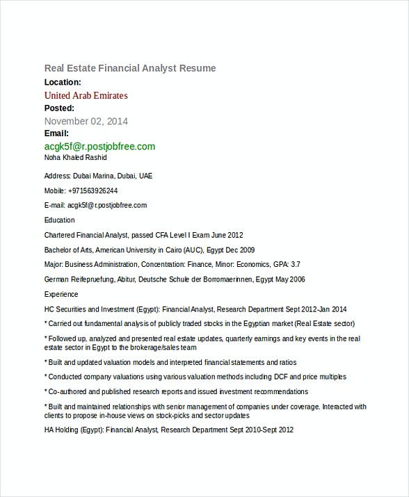 Real Estate Financial Analyst Resume