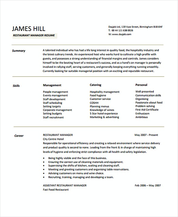 Restaurant Manager Resume Sample