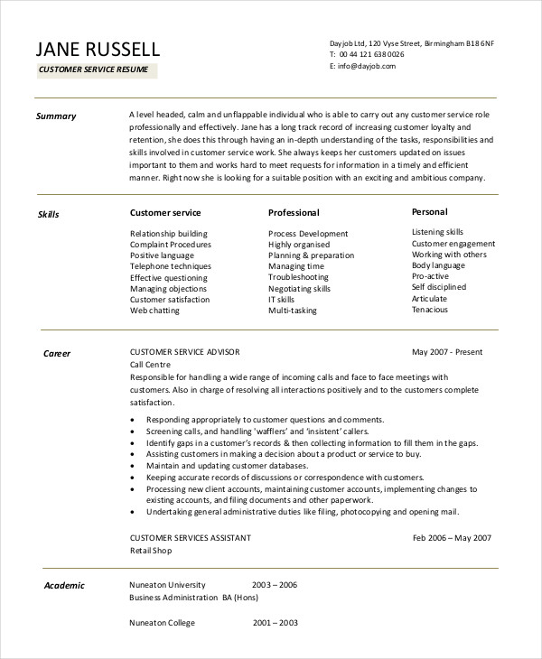 Customer Service Manager Sample Resume