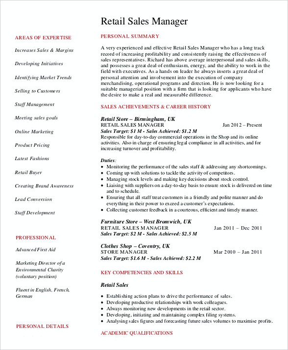 Retail Sales Manager Resume 1