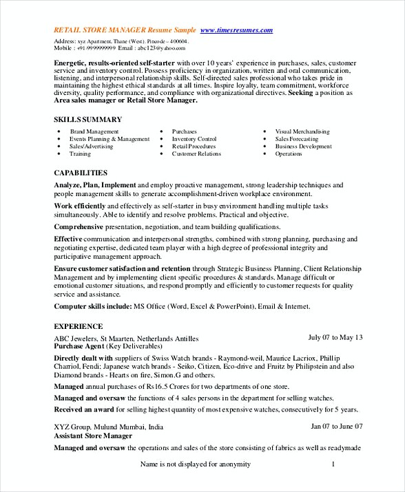 Retail Store Manager Resume 1