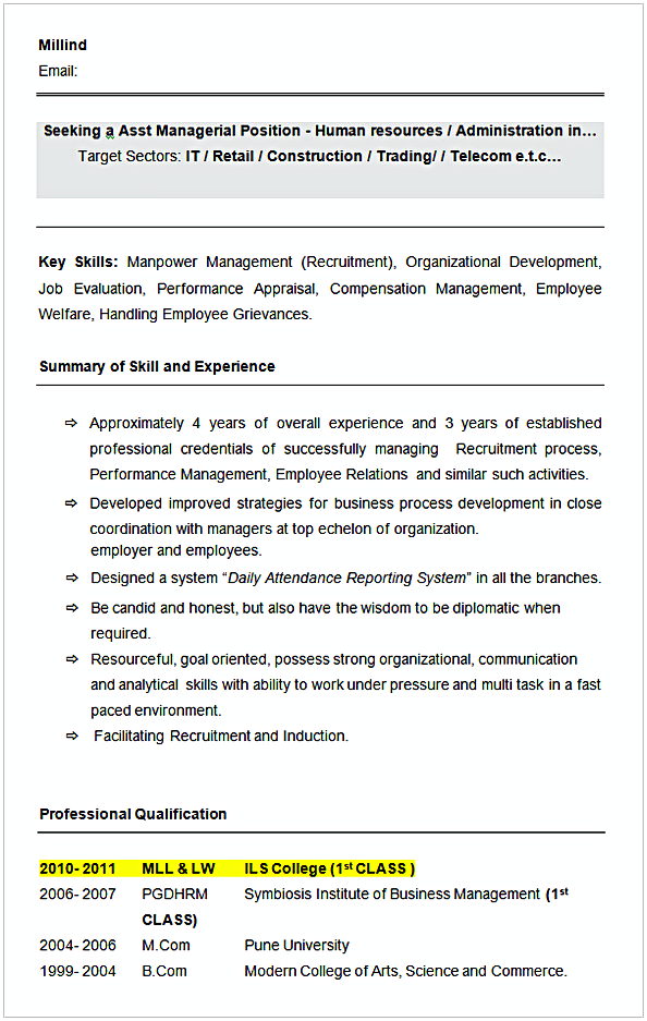 Sample Asst HR Manager Resume Format