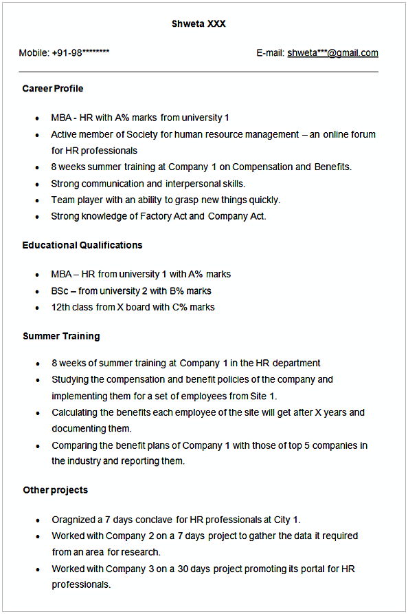 Sample Resume for HR Fresher