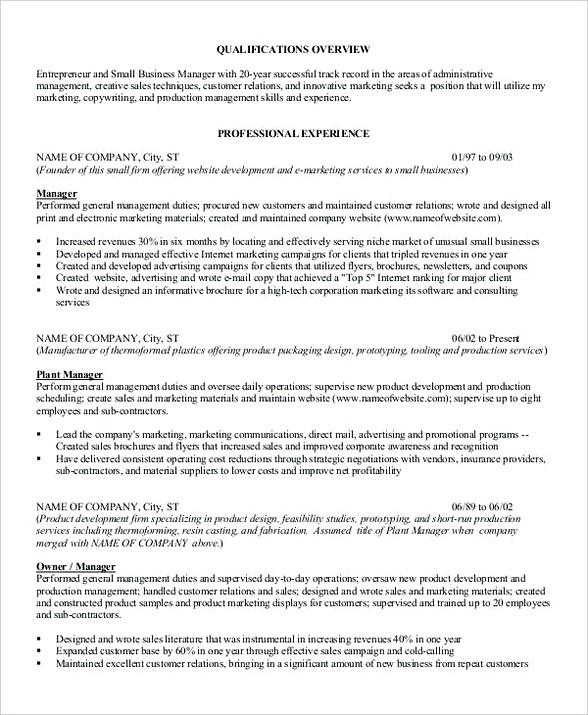 Small Business Manager Resume