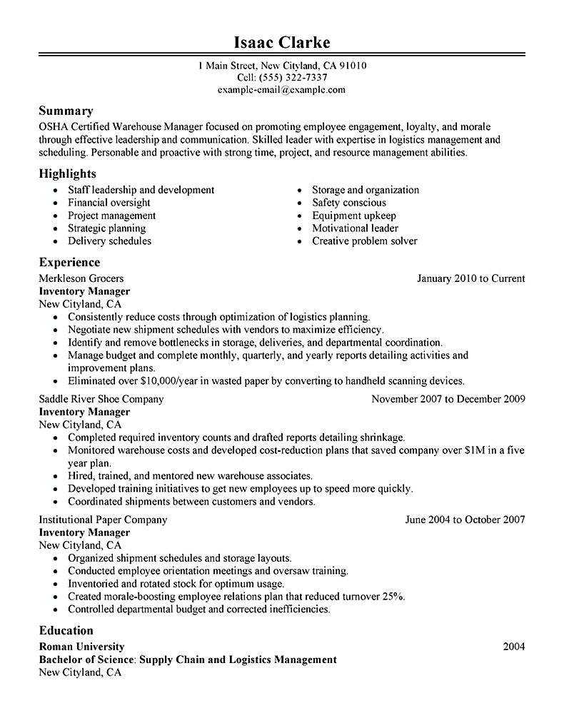 Inventory Manager Resume