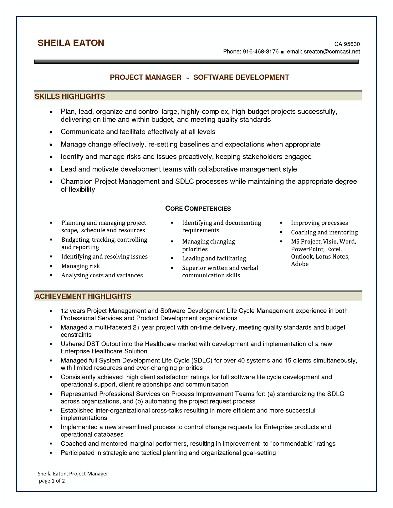 software project manager resume sample