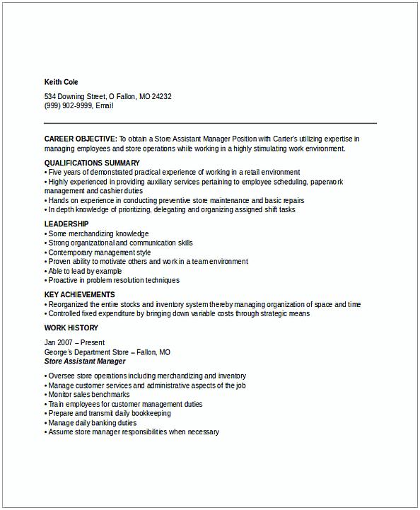 Assistant Store Manager Resume