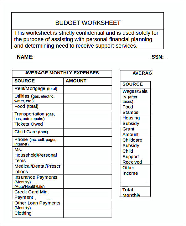 Blank Budget Worksheet 1