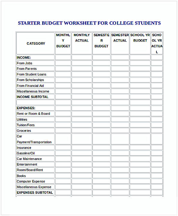 Budget Worksheet for University Students