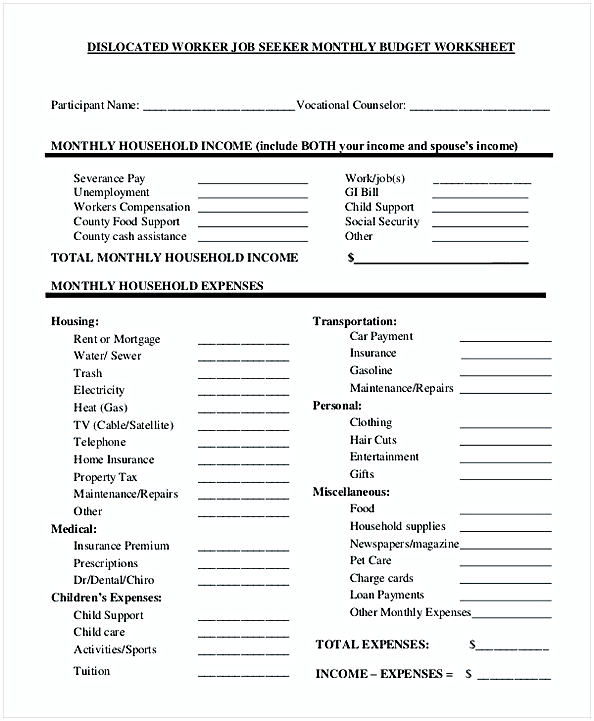 Dislocated Worker Monthly Budget Worksheet 1
