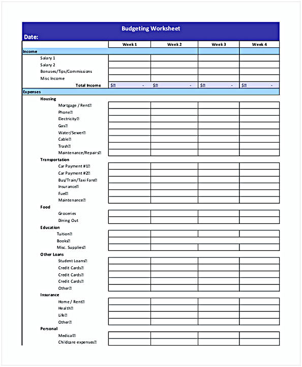 Example Budgeting Worksheet