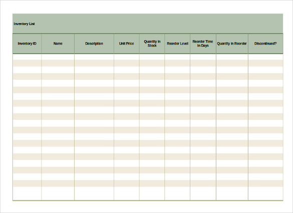 Example Format Inventory List Template