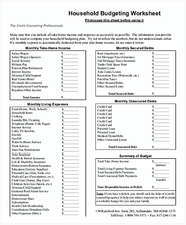 Household Monthly Budget Worksheet