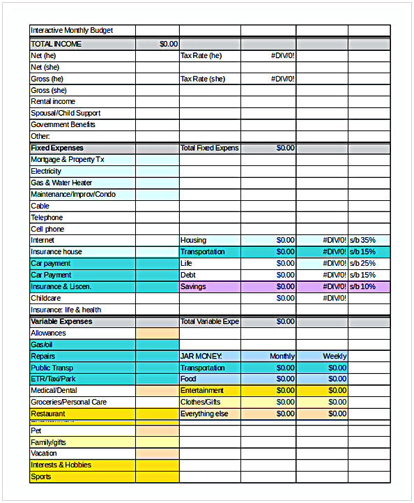 Interactive Monthly Budget Worksheet