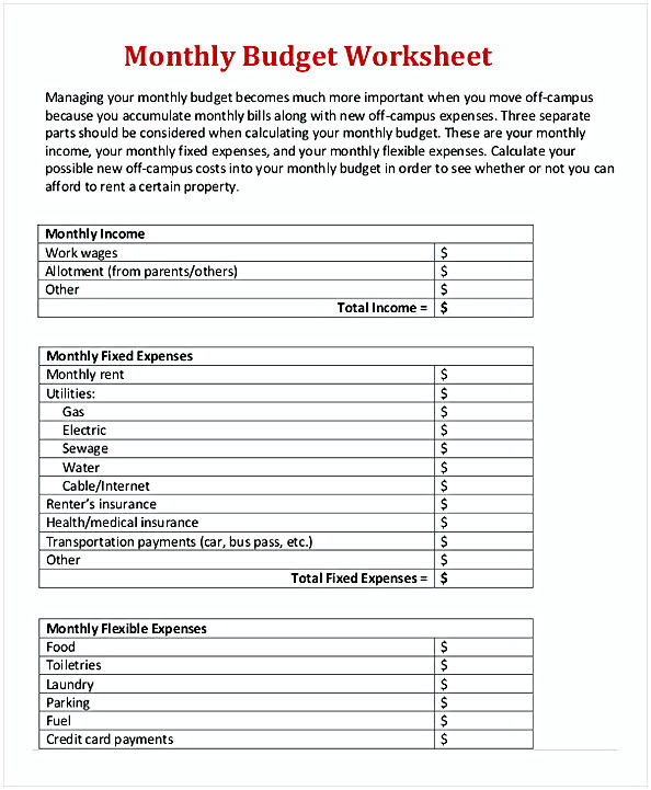Monthly Budget Expense Worksheet
