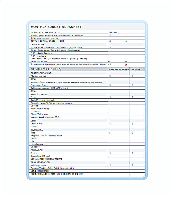 example of monthly expenses