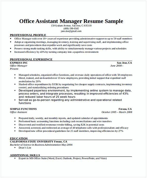 Office Assistant Manager Resume