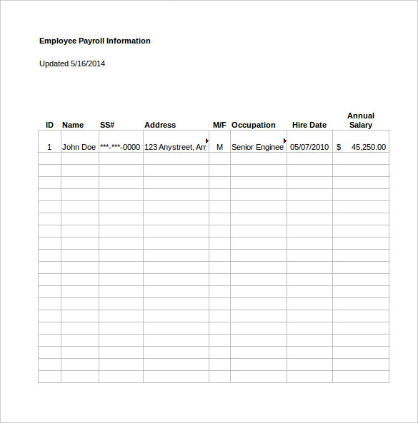Payroll Blank Spreadsheet Excel Template
