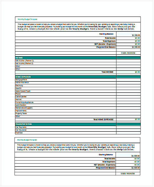 Personal Monthly Budget Spreadsheet Template