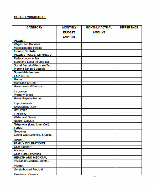 Sample Budget Worksheet