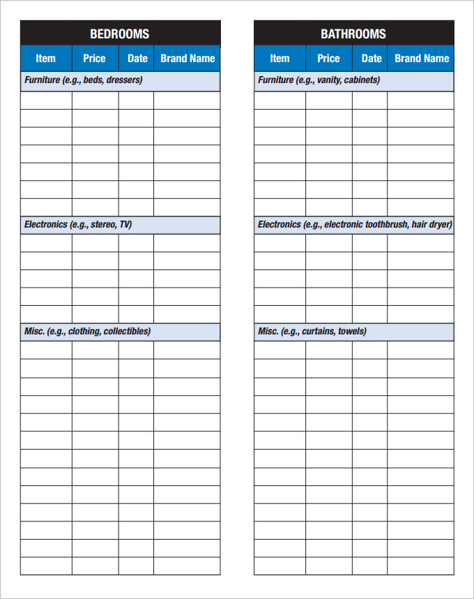 Sample Home Inventory Checklist Template in Pdf