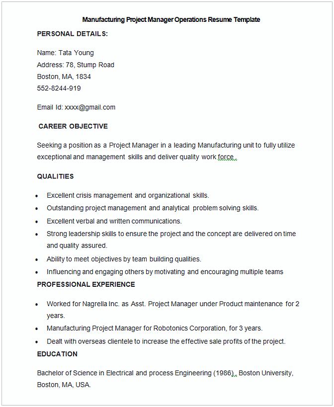 Sample Manufacturing Project Manager Operations Resume Template
