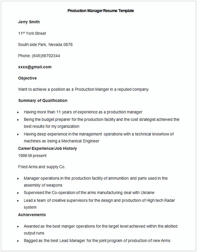 Sample Production Manager Resume Template