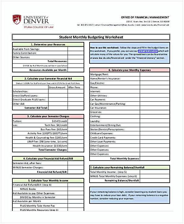 Student Monthly Budgeting Worksheet