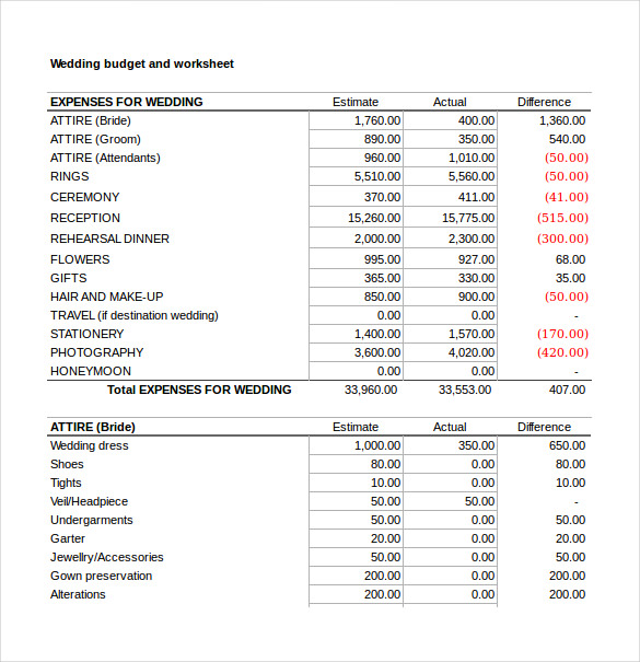 Wedding Budget SpreadSheet Excel Template 1