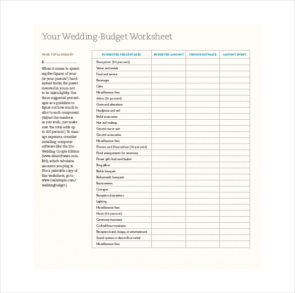 Wedding Budget Worksheet