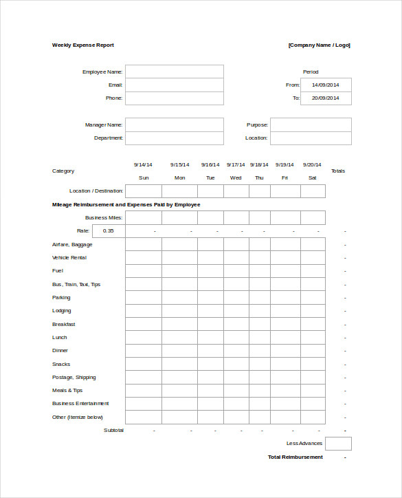 Weekly Expense Report Blank Spreadsheet Excel Template
