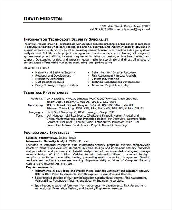 Information Security Specialist Resume