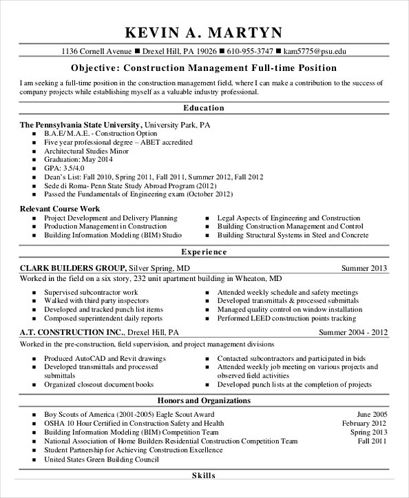 construction project manager resume sample