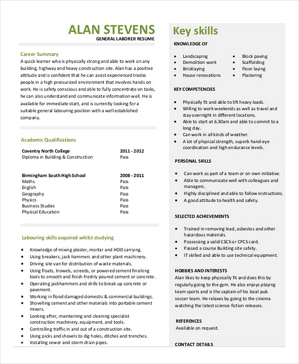 Construction Project Manager Laborer Resume Sample