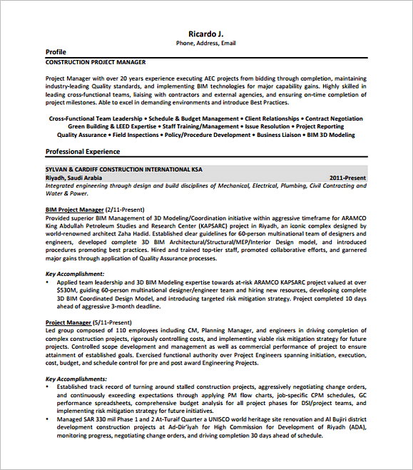 Construction Project Manager Resume Free PDF