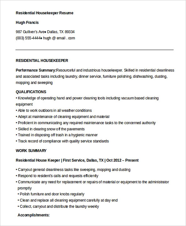 Free Download Residential Housekeeper Resume