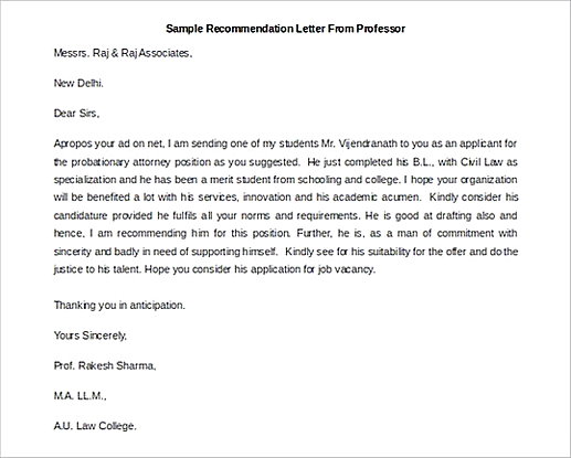 Printable Sample Recommendation Letter From Professor