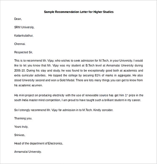 Recommendation Letter for Higher Studies Word Format 1