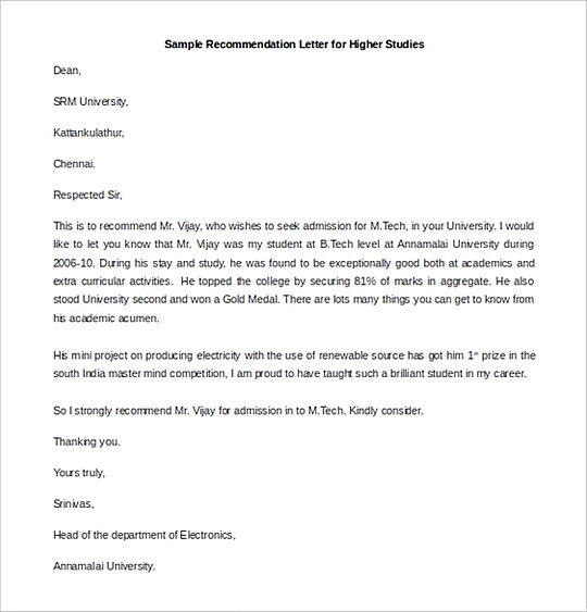 Recommendation Letter for Higher Studies Word Format
