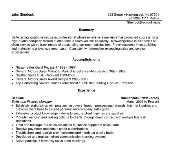 Sales and Finance Manager Resume