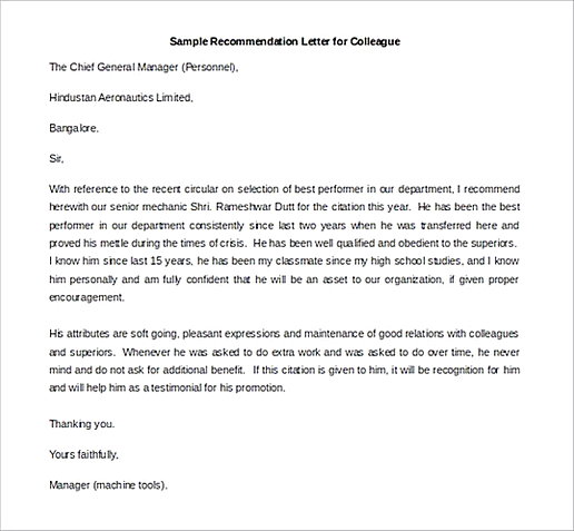 Sample Recommendation Letter for Colleague templates Printable
